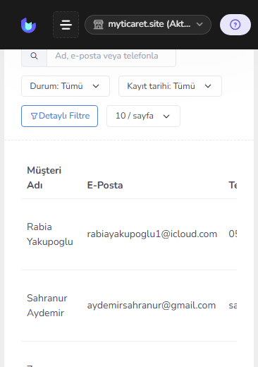 Müşteri tablosu — mobil