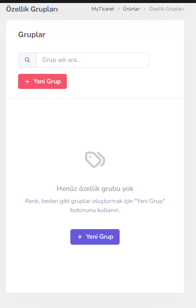 Özellik grupları ekranı — mobil