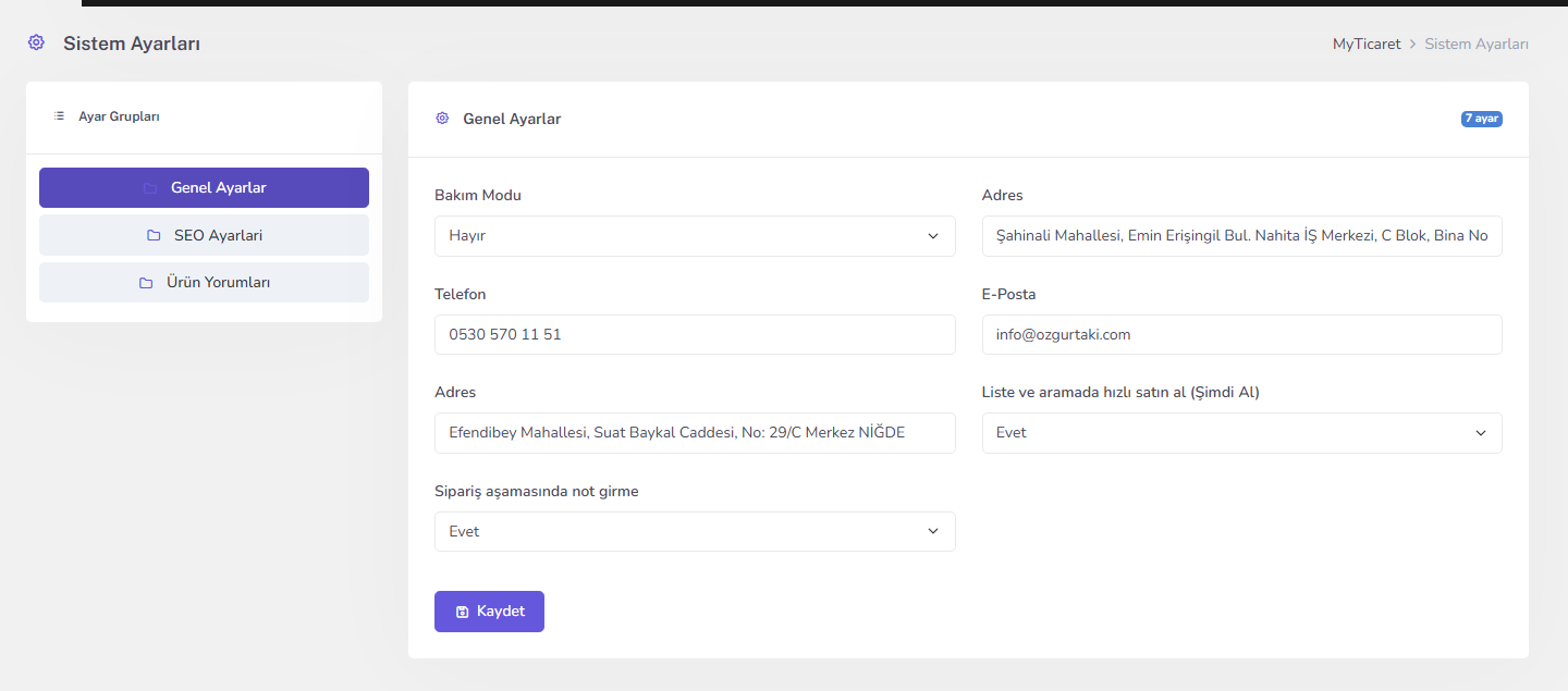 Mağaza / sistem ayarları (SEO) — masaüstü