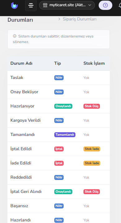 Sipariş durumları ayarı — mobil