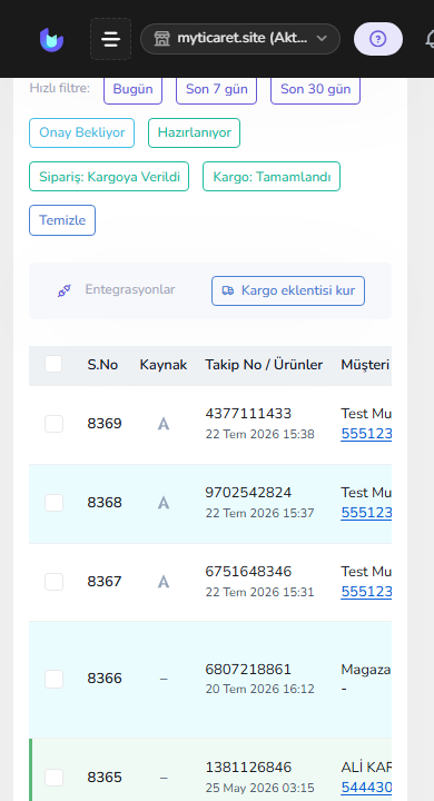 Sipariş listesi — iptal / durumlar — mobil