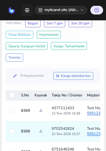 Sipariş tablosu — mobil