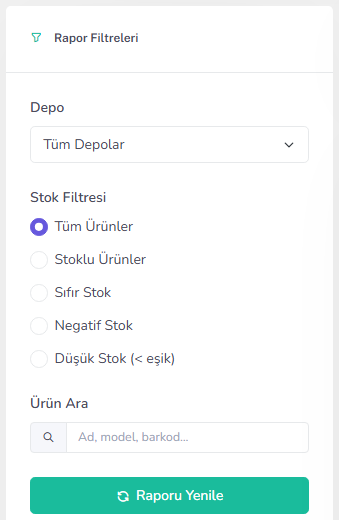 Stok raporu — masaüstü