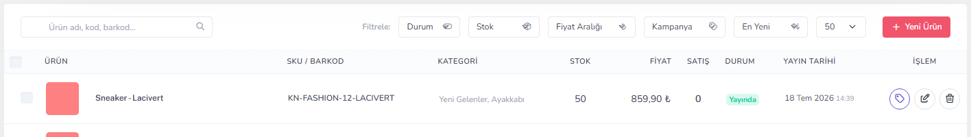 Adım 1 — Ürünler: arama ve Yeni Ürün — masaüstü