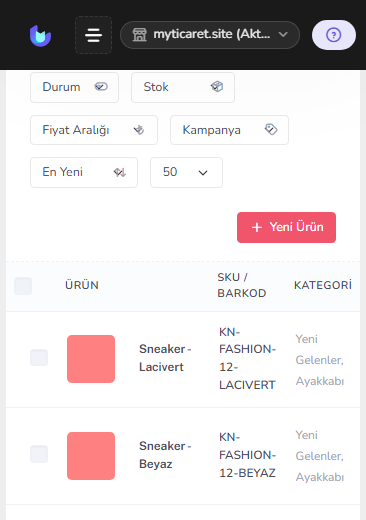 Ürün listesi — varyantlı ürünler — mobil